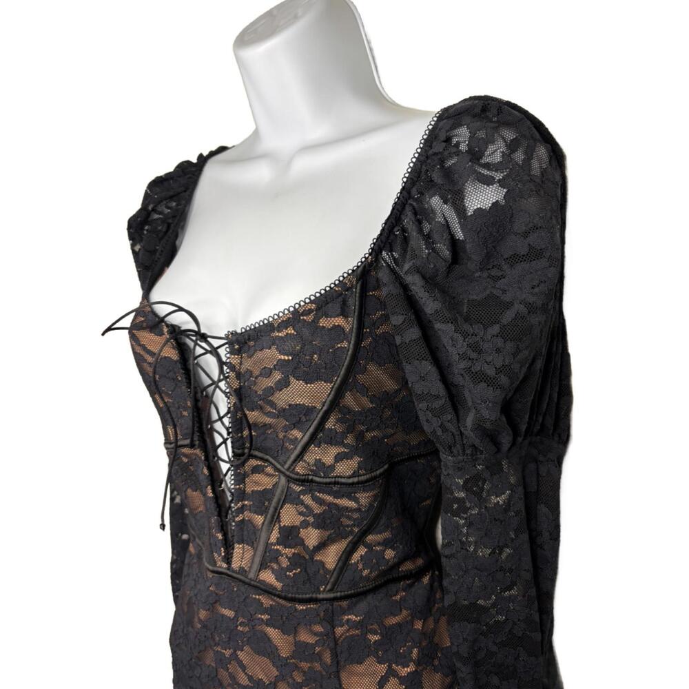 For Love & Lemons Women's Sz S Black Lace Violetta Tie-up Slip Mini Dress( 1945) - Picture 6 of 9